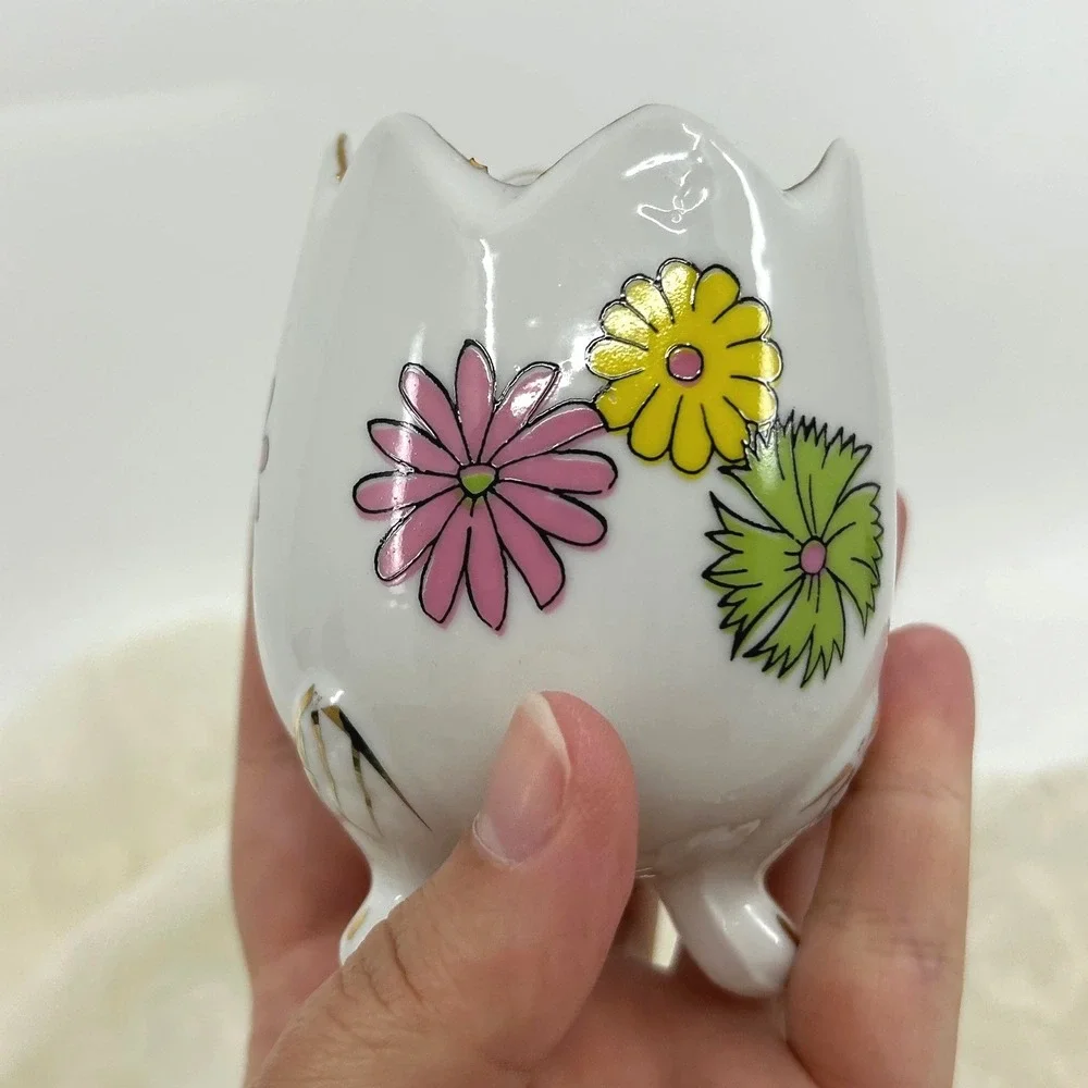 Vintage Groovy Flower Power Ceramic Broken Egg Vase Candle Holder Decor